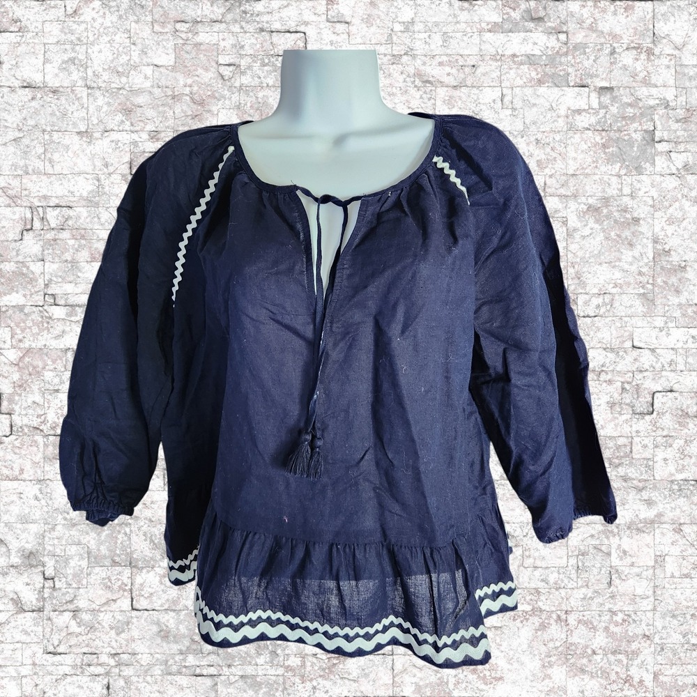 J.Crew Blue Rickrack Swing Top Blouse L7449 Womens Small Navy Puff Sleeve